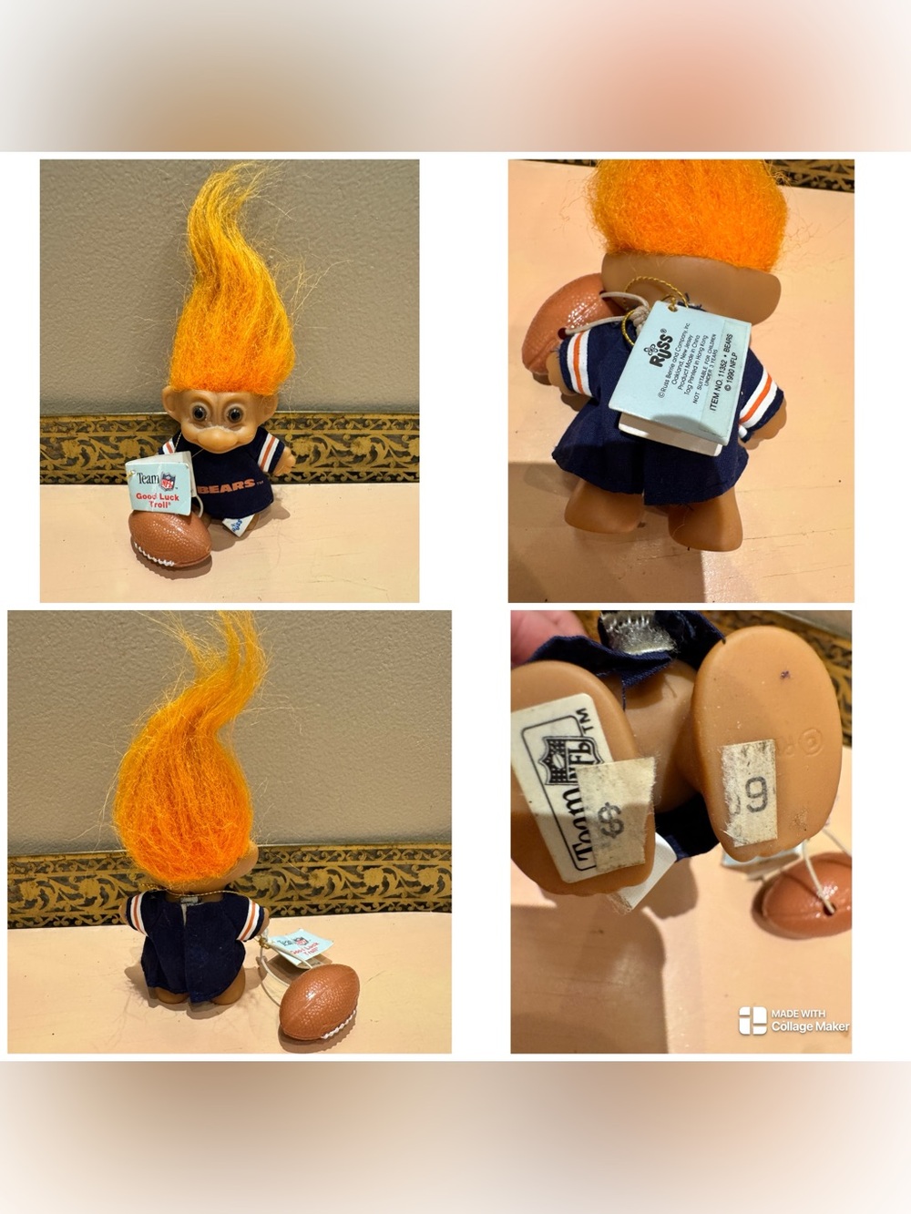 Vintage 90s Russ Berrie Chicago Bears Good Luck Troll doll